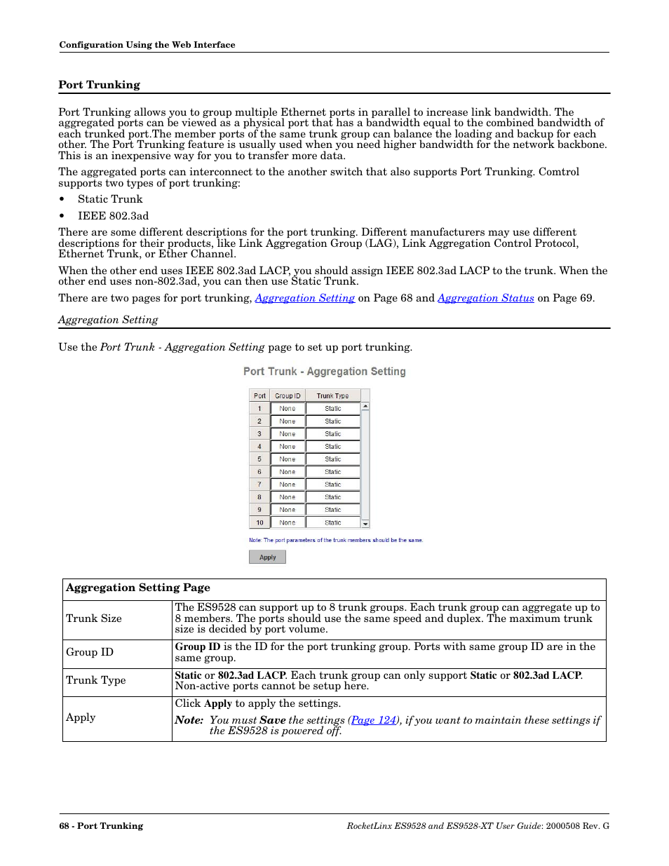 Port trunking, Aggregation setting | Comtrol ES9528-XT User Guide User Manual | Page 68 / 212