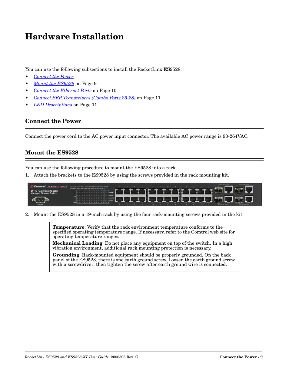 Hardware installation, Connect the power, Mount the es9528 | Connect the power mount the es9528 | Comtrol ES9528-XT User Guide User Manual | Page 9 / 212