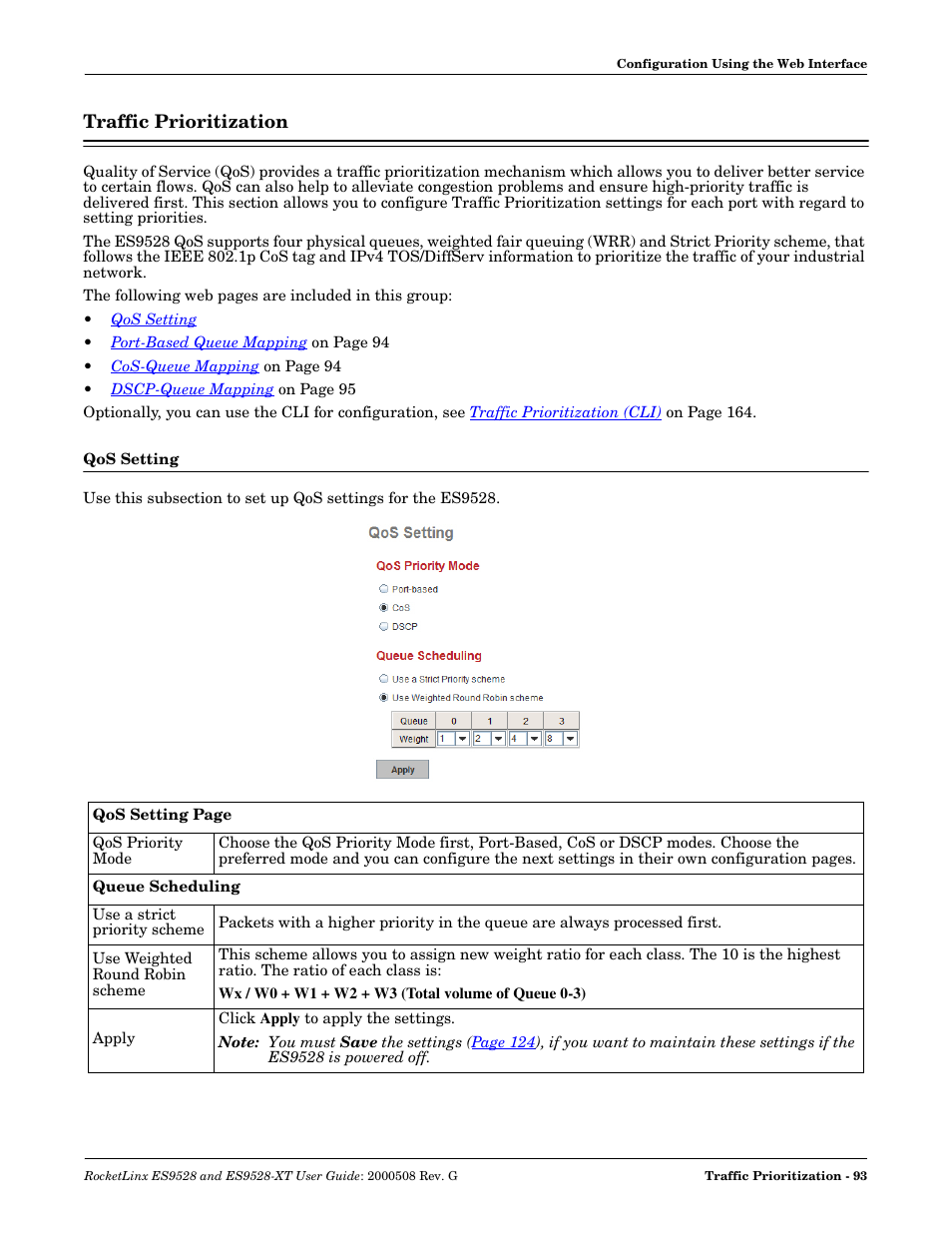 Traffic prioritization, Qos setting | Comtrol ES9528-XT User Guide User Manual | Page 93 / 212