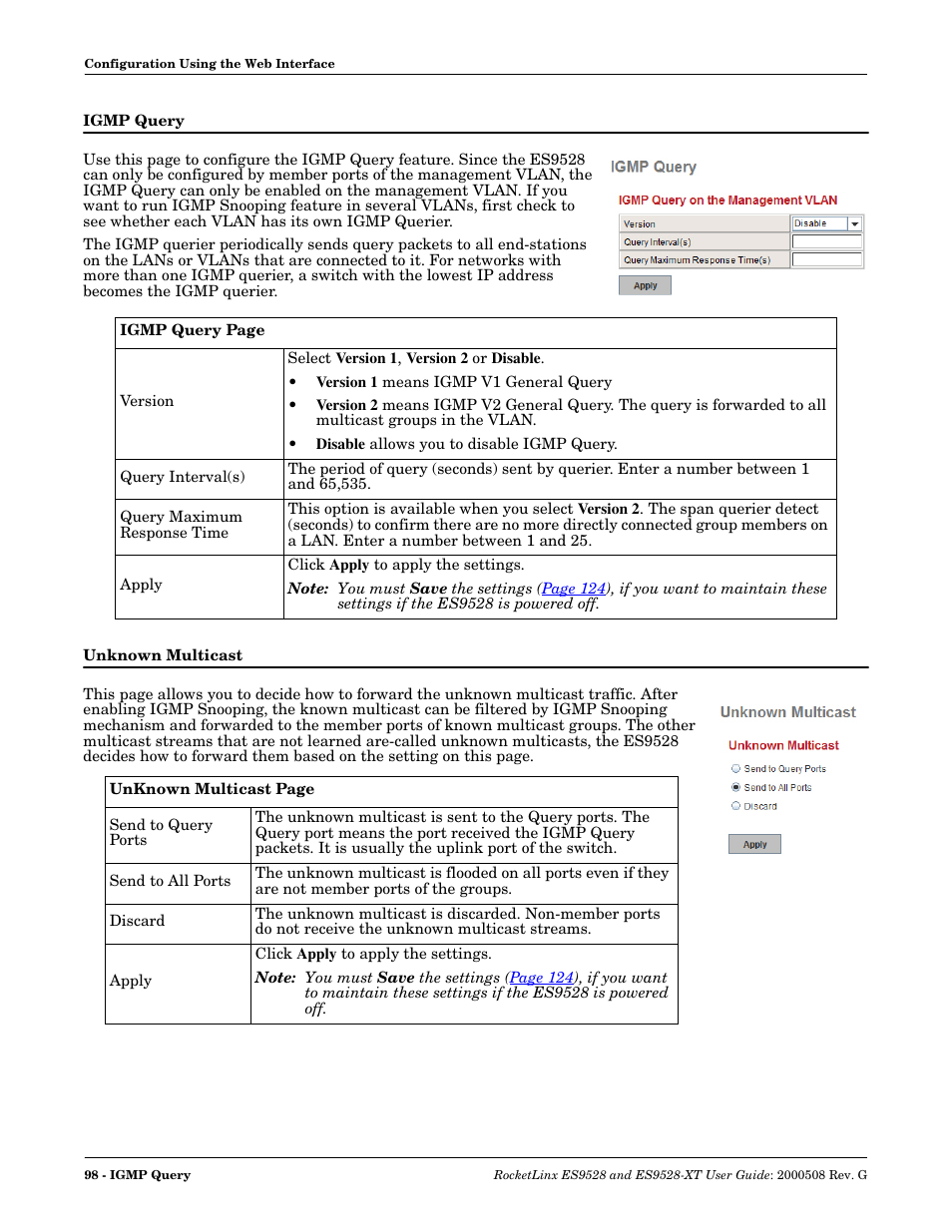 Igmp query, Unknown multicast, Igmp query unknown multicast | Comtrol ES9528-XT User Guide User Manual | Page 98 / 212