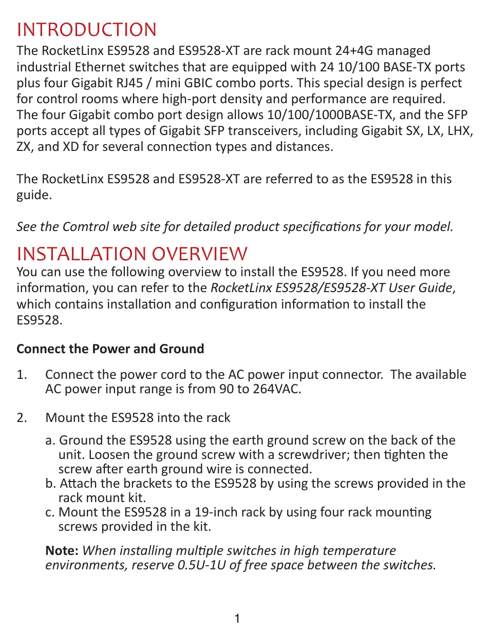 Introduction, Installation overview | Comtrol ES9528-XT Quick Start User Manual | Page 2 / 8