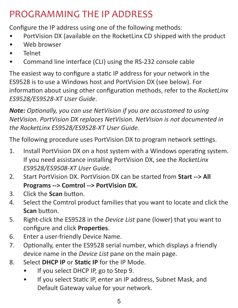 Programming the ip address | Comtrol ES9528-XT Quick Start User Manual | Page 6 / 8