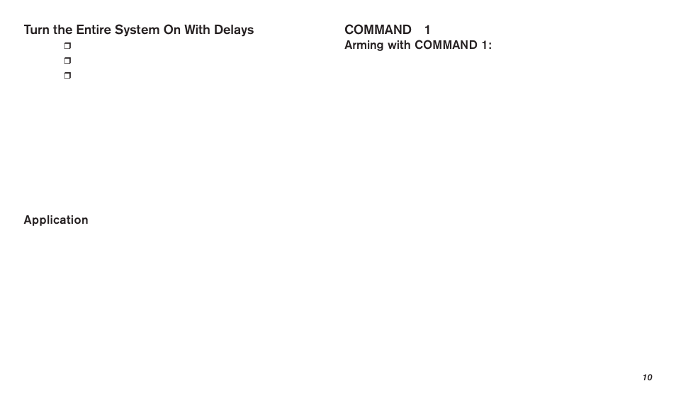 Turn the entire system on with delays, Command 1, Application | Arming with command 1 | Bosch D720 User Manual | Page 10 / 32