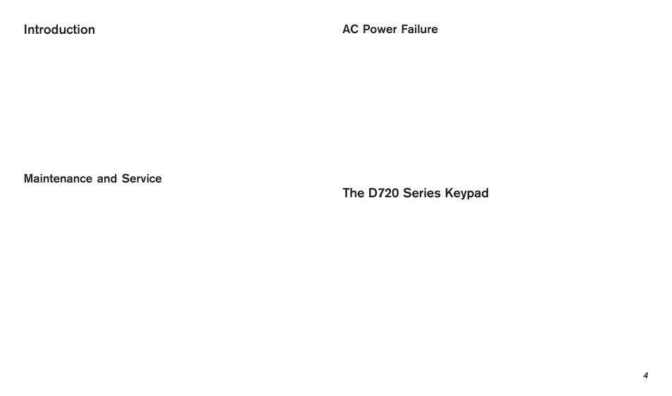 Introduction, The d720 series keypad, Maintenance and service | Ac power failure | Bosch D720 User Manual | Page 4 / 32