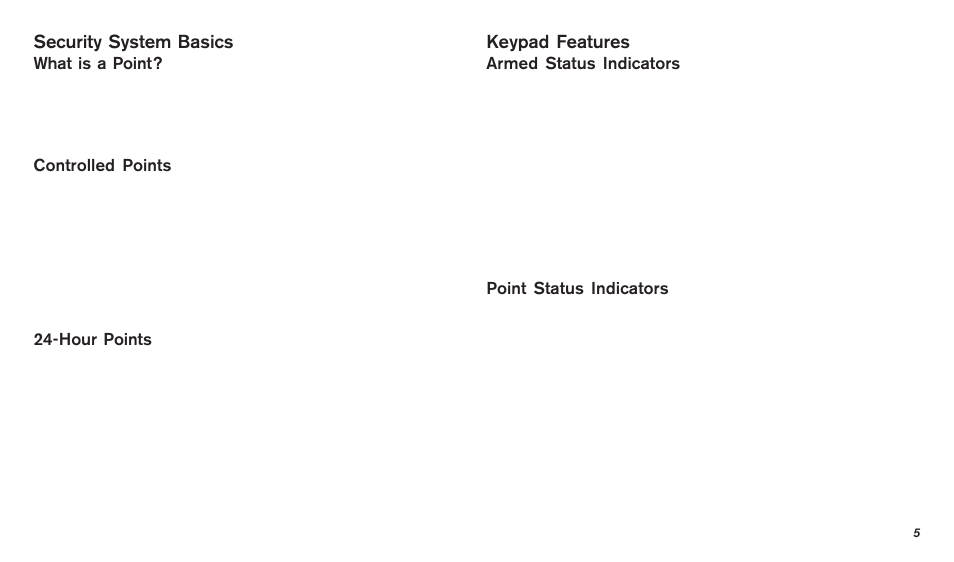 Security system basics, Keypad features, What is a point | Controlled points, Hour points, Armed status indicators, Point status indicators | Bosch D720 User Manual | Page 5 / 32