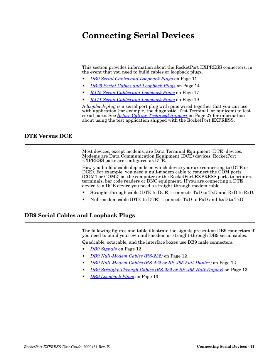 Connecting serial devices, Dte versus dce, Db9 serial cables and loopback plugs | Connecting serial, Devices | Comtrol RocketPort EXPRESS User Manual | Page 11 / 36