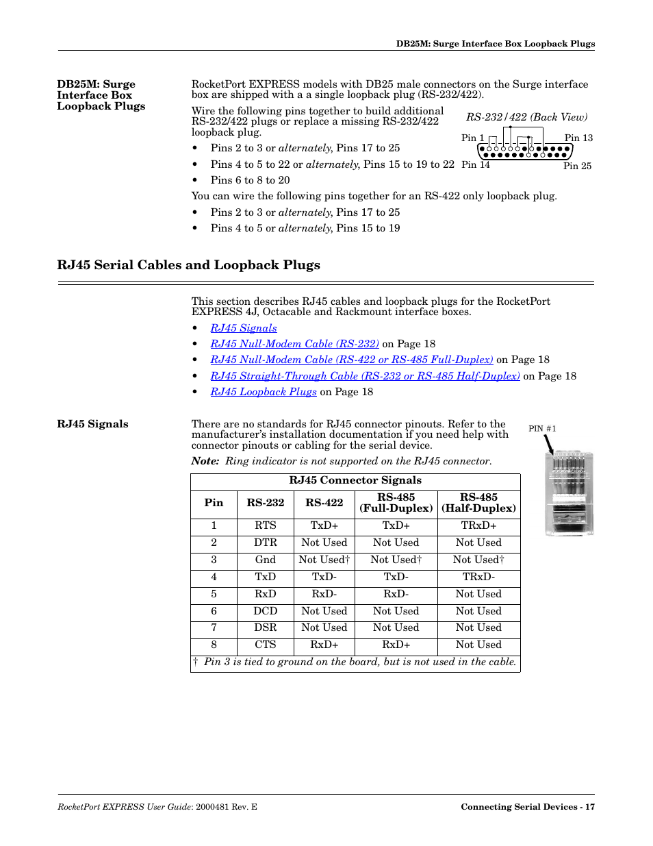 Db25m: surge interface box loopback plugs, Rj45 serial cables and loopback plugs, Rj45 signals | Comtrol RocketPort EXPRESS User Manual | Page 17 / 36