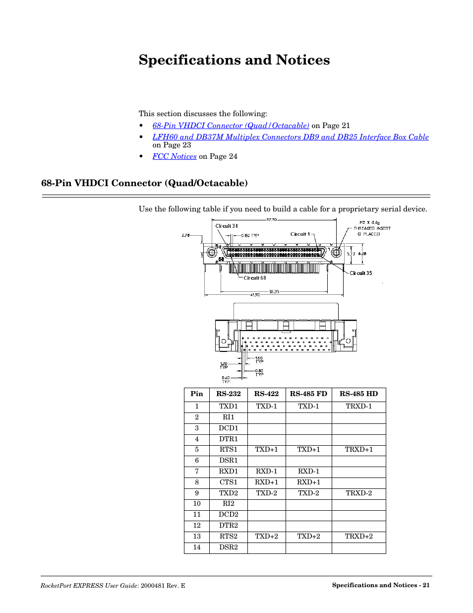 Specifications and notices, Pin vhdci connector (quad/octacable) | Comtrol RocketPort EXPRESS User Manual | Page 21 / 36