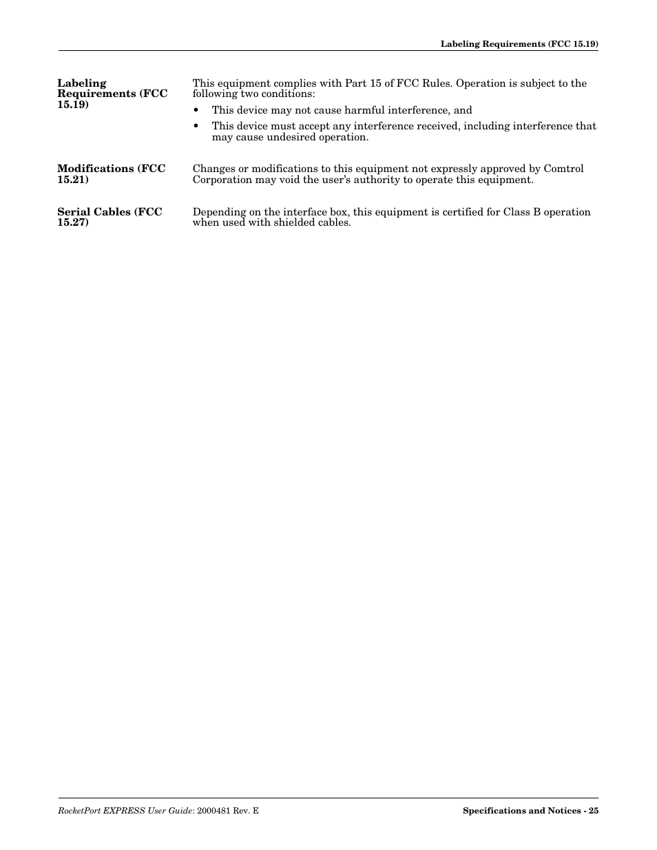 Labeling requirements (fcc 15.19), Modifications (fcc 15.21), Serial cables (fcc 15.27) | Comtrol RocketPort EXPRESS User Manual | Page 25 / 36