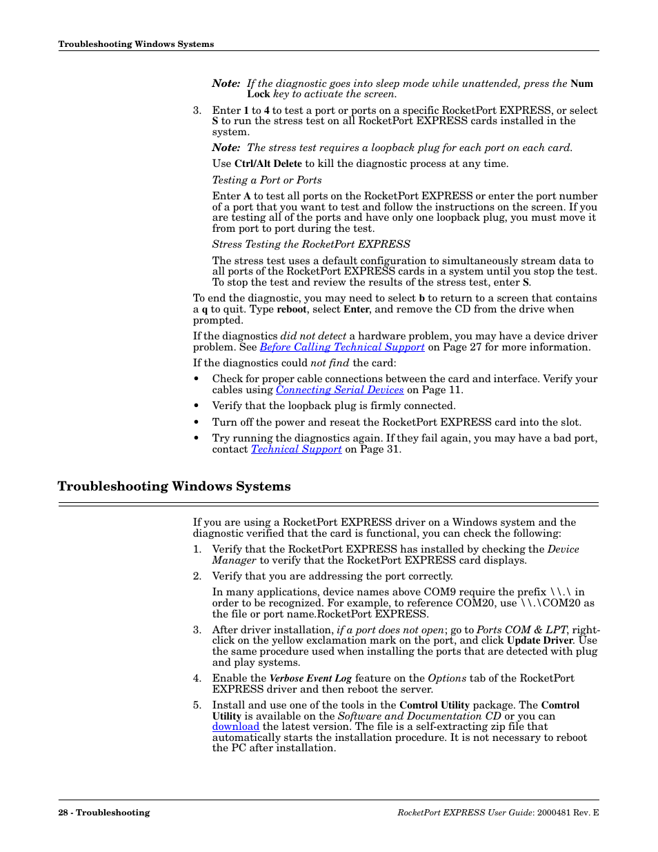 Troubleshooting windows systems | Comtrol RocketPort EXPRESS User Manual | Page 28 / 36