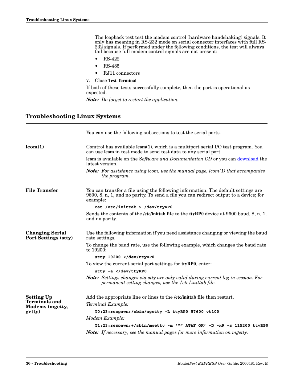 Troubleshooting linux systems, Lcom(1), File transfer | Changing serial port settings (stty), Setting up terminals and modems (mgetty, getty) | Comtrol RocketPort EXPRESS User Manual | Page 30 / 36