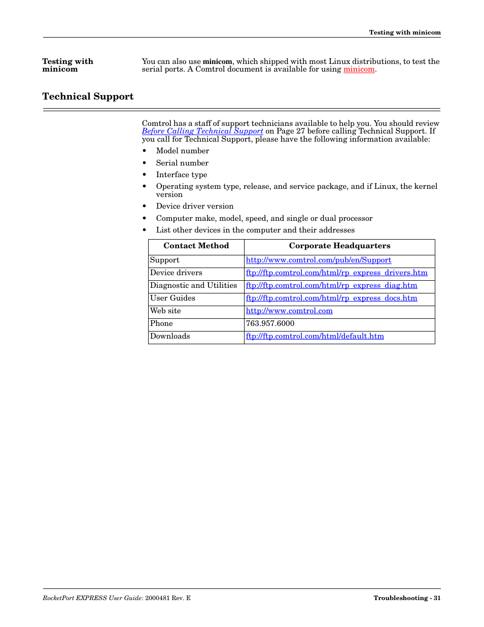 Testing with minicom, Technical support | Comtrol RocketPort EXPRESS User Manual | Page 31 / 36