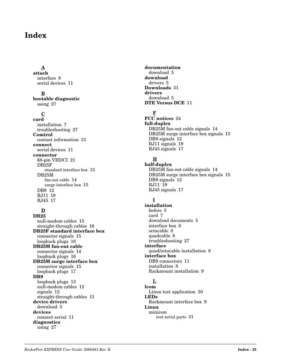 Index | Comtrol RocketPort EXPRESS User Manual | Page 33 / 36