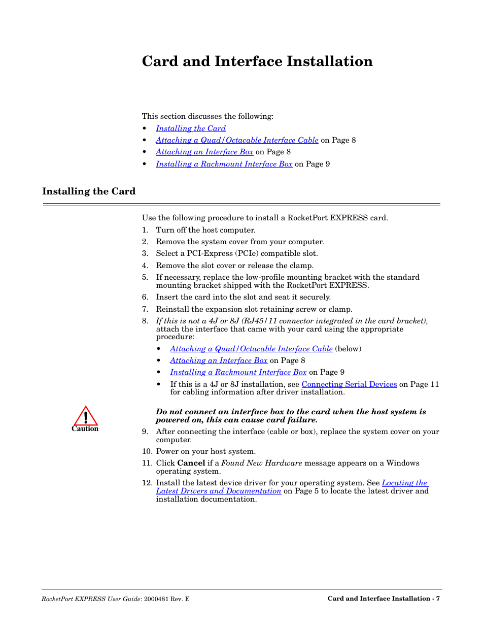 Card and interface installation, Installing the card | Comtrol RocketPort EXPRESS User Manual | Page 7 / 36
