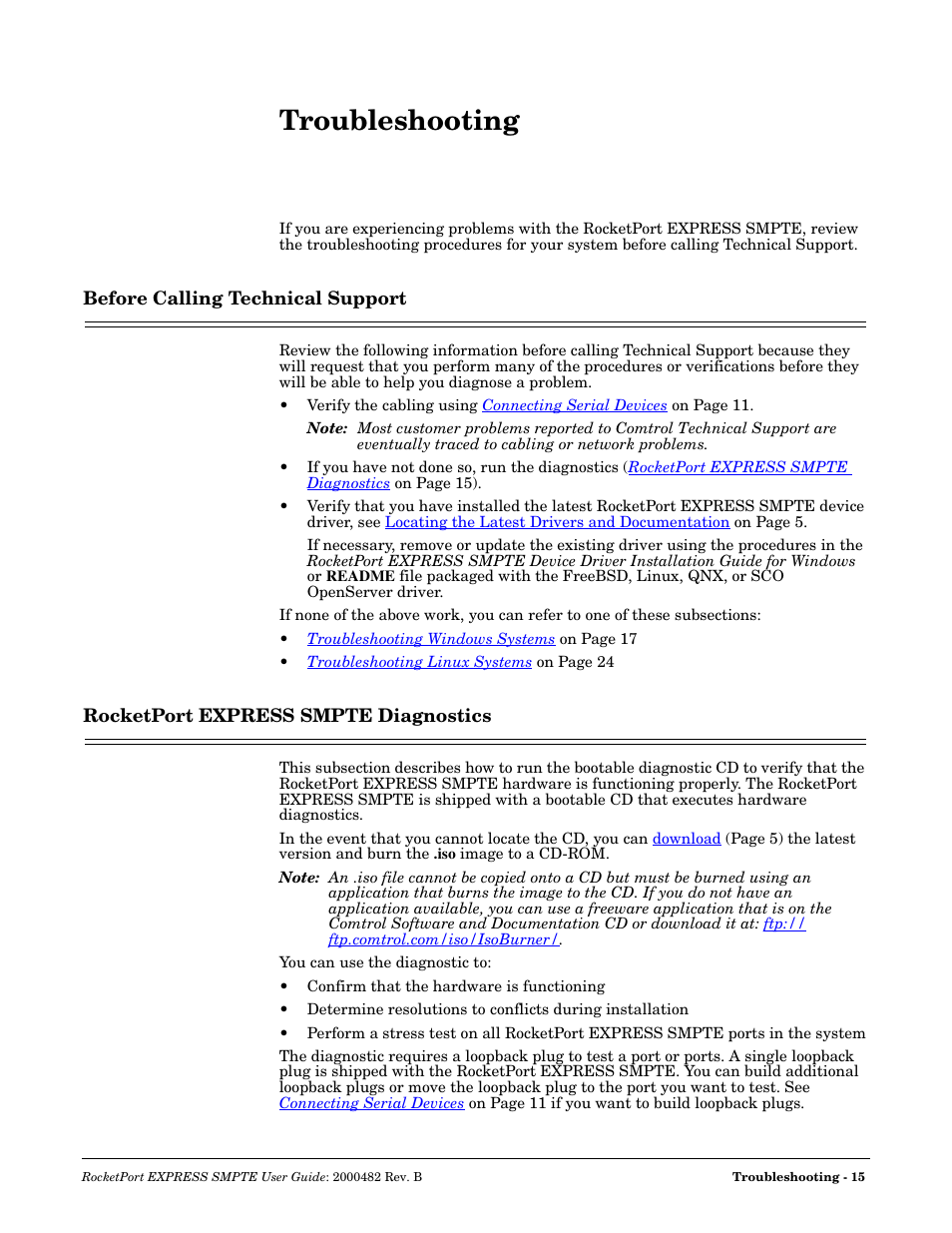 Troubleshooting, Before calling technical support, Rocketport express smpte diagnostics | Comtrol RocketPort EXPRESS SMPTE User Manual | Page 15 / 28