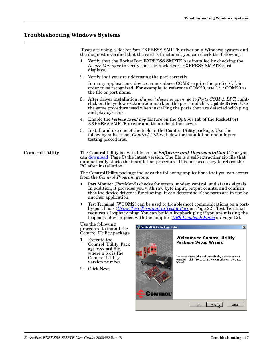 Troubleshooting windows systems, Comtrol utility | Comtrol RocketPort EXPRESS SMPTE User Manual | Page 17 / 28