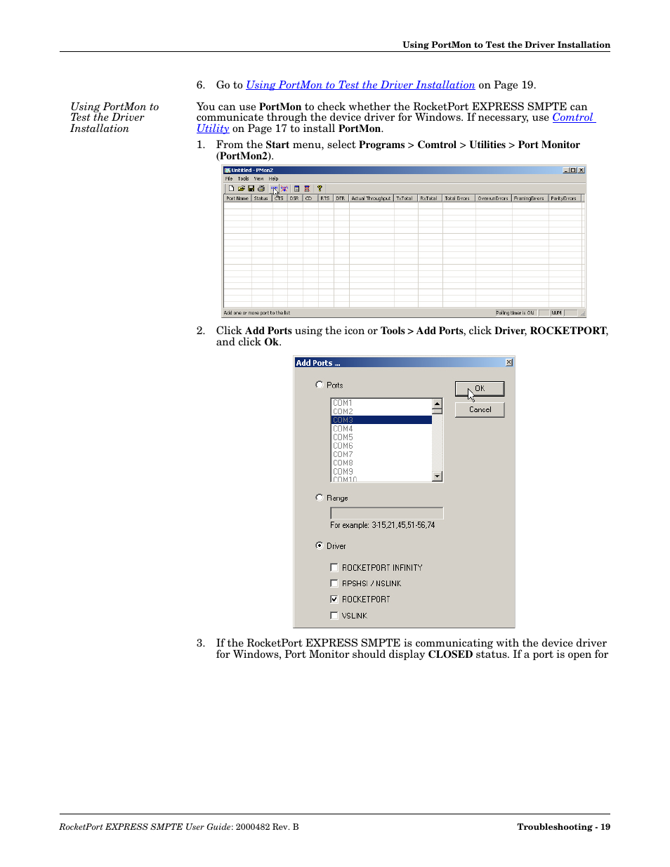 Using portmon to test the driver installation | Comtrol RocketPort EXPRESS SMPTE User Manual | Page 19 / 28