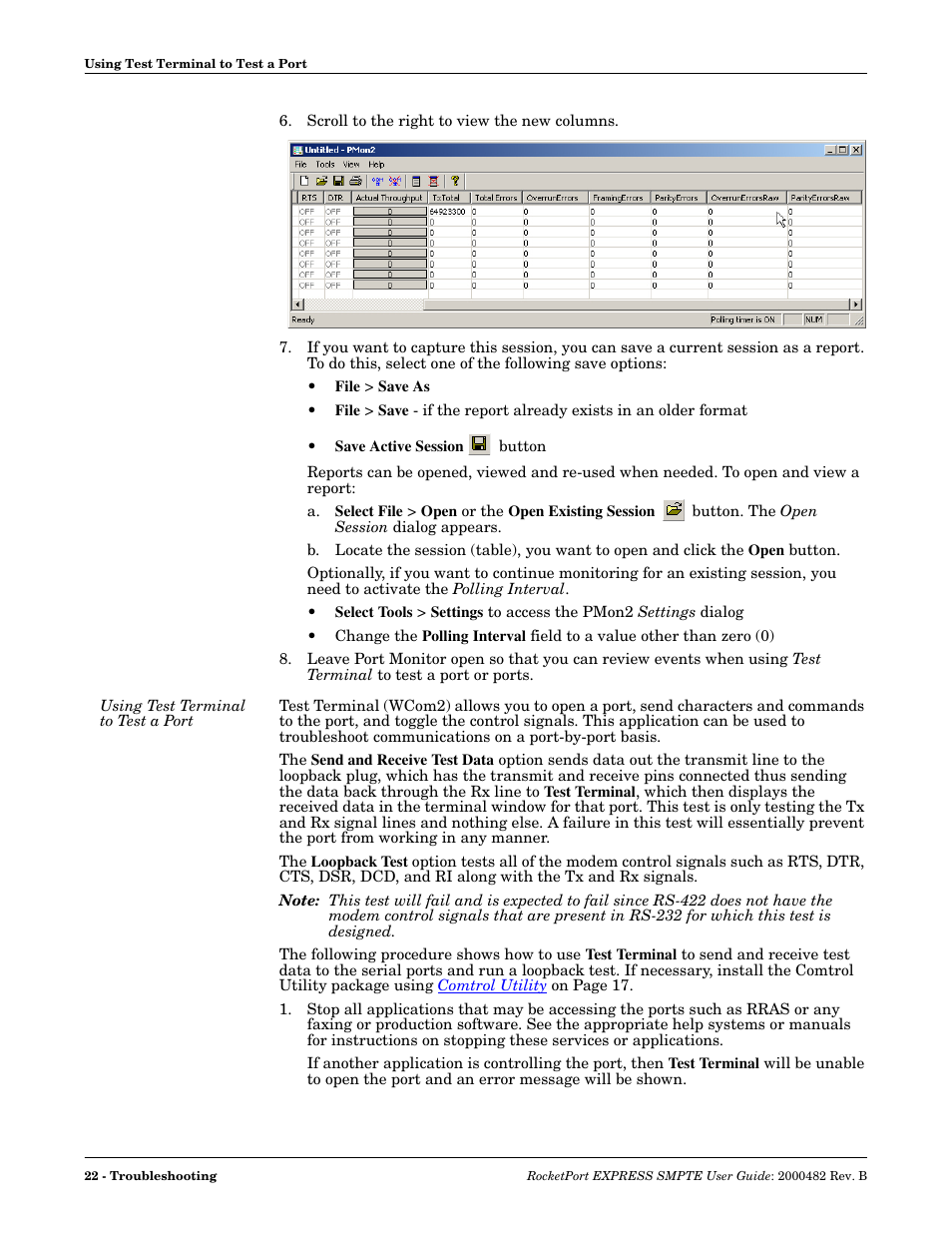 Using test terminal to test a port | Comtrol RocketPort EXPRESS SMPTE User Manual | Page 22 / 28