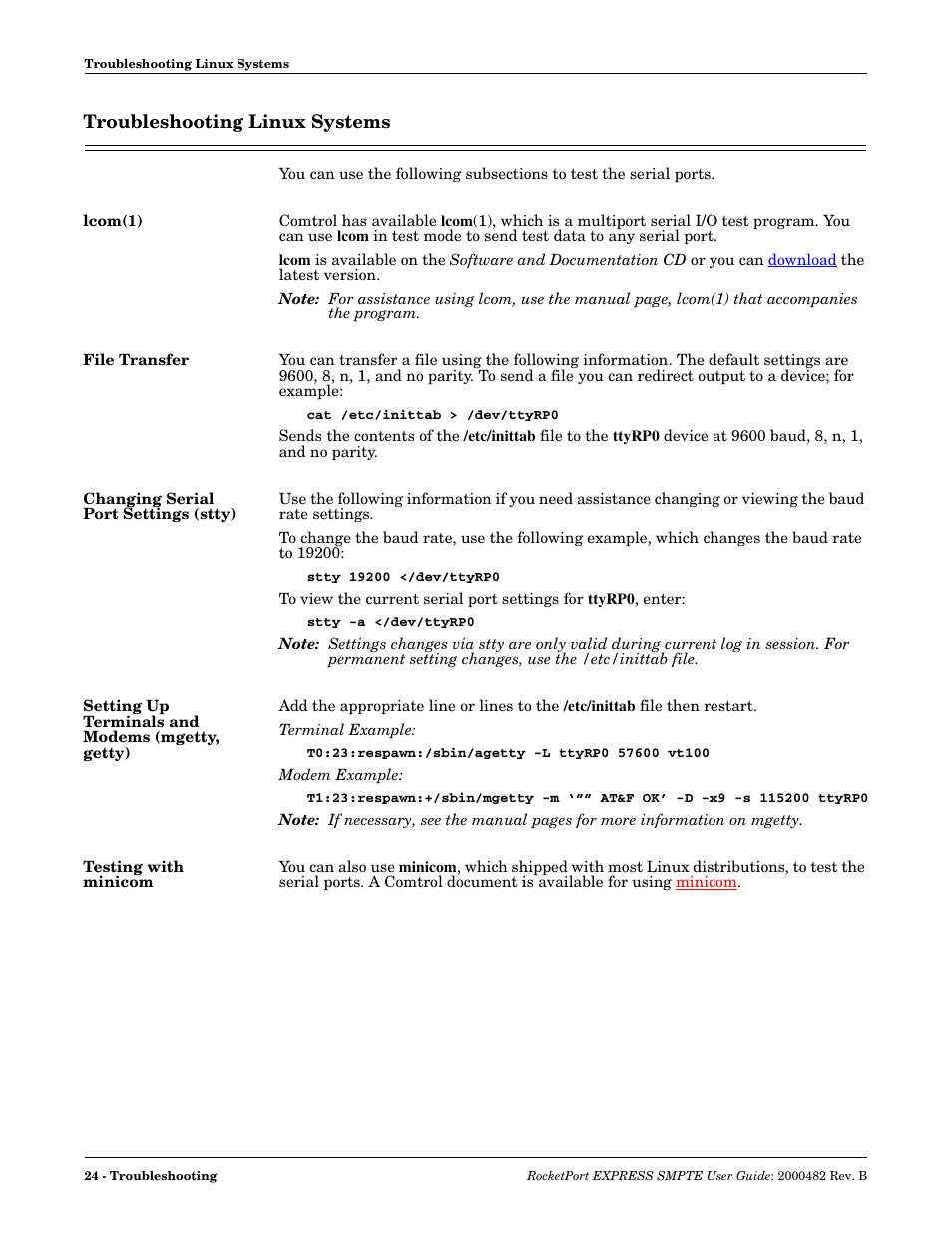 Troubleshooting linux systems, Lcom(1), File transfer | Changing serial port settings (stty), Setting up terminals and modems (mgetty, getty), Testing with minicom | Comtrol RocketPort EXPRESS SMPTE User Manual | Page 24 / 28