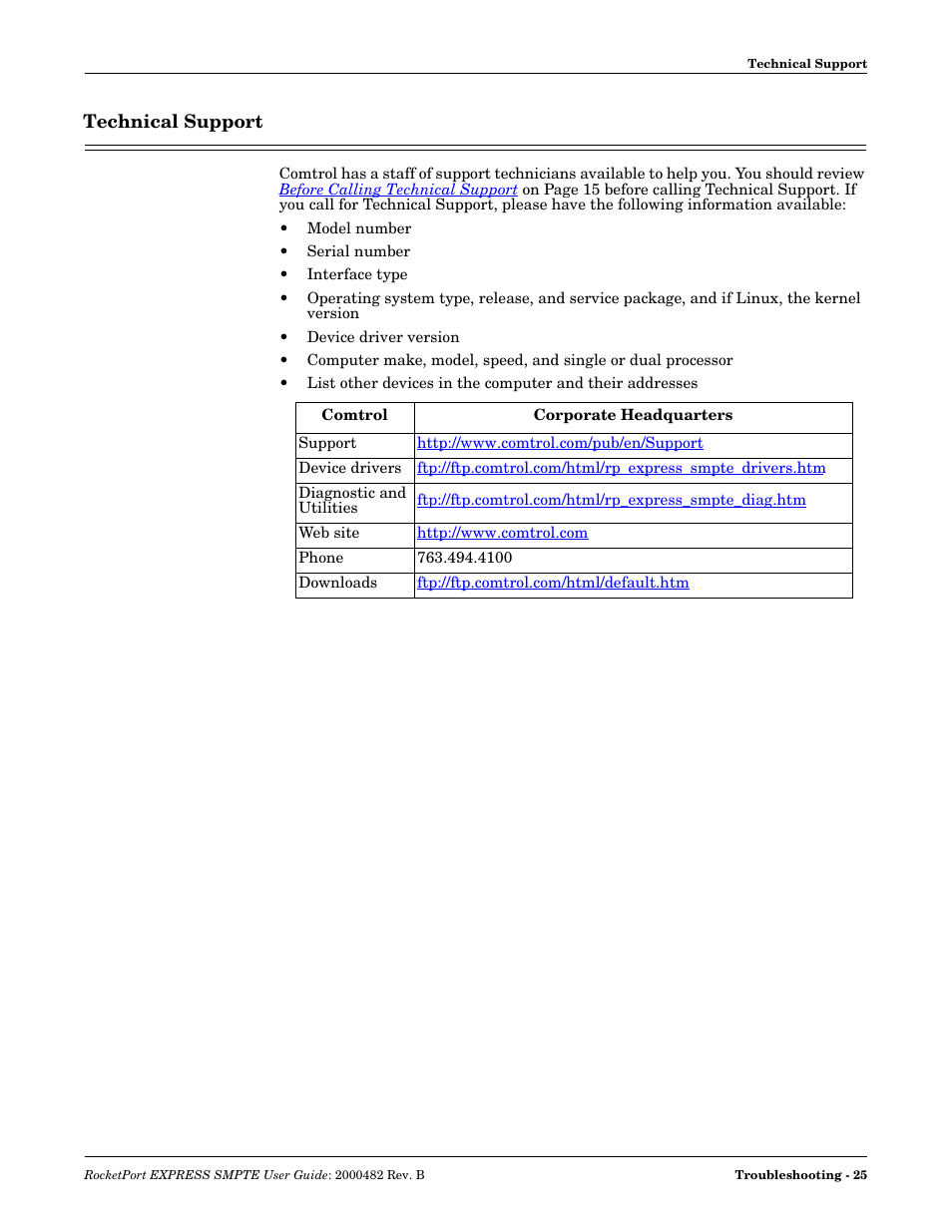 Technical support | Comtrol RocketPort EXPRESS SMPTE User Manual | Page 25 / 28