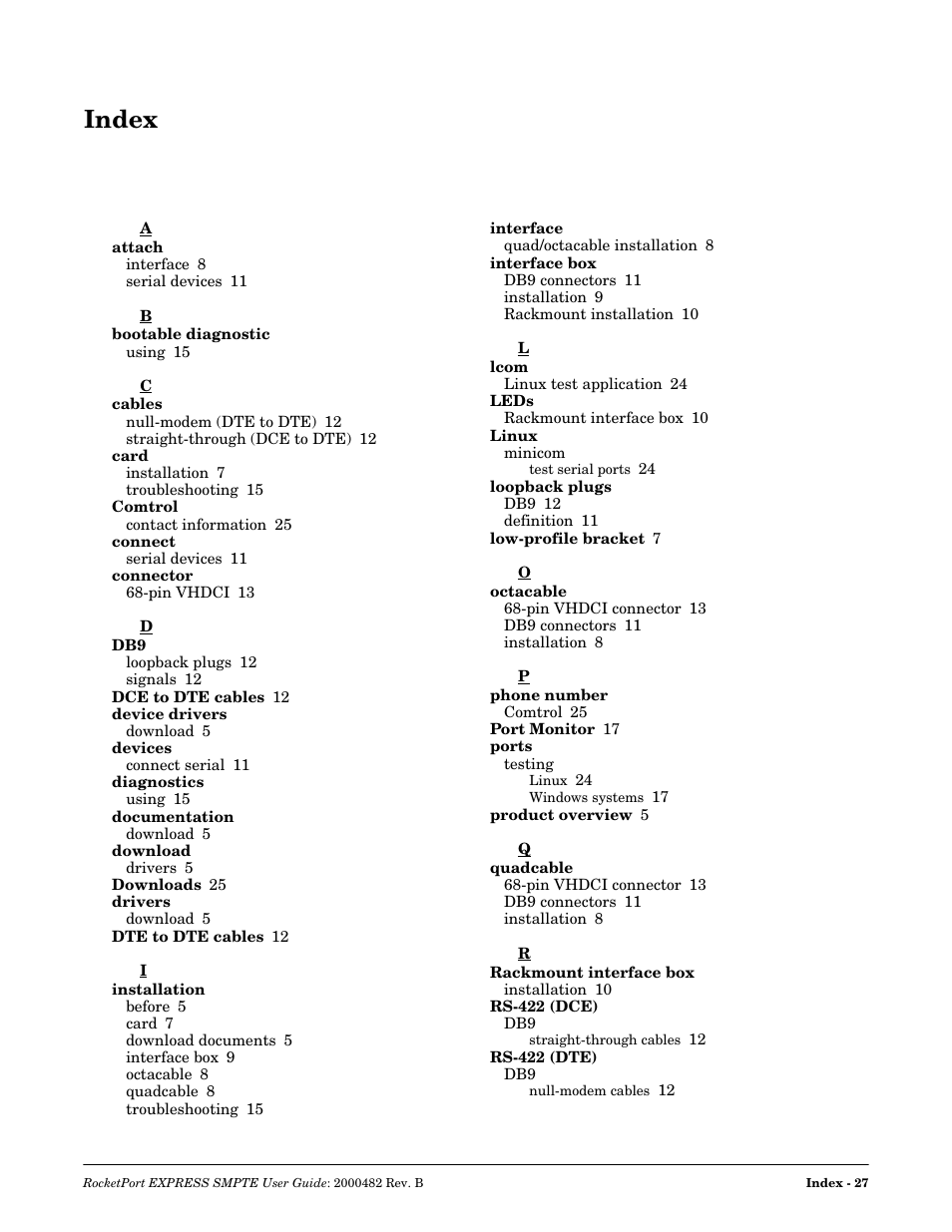 Index | Comtrol RocketPort EXPRESS SMPTE User Manual | Page 27 / 28