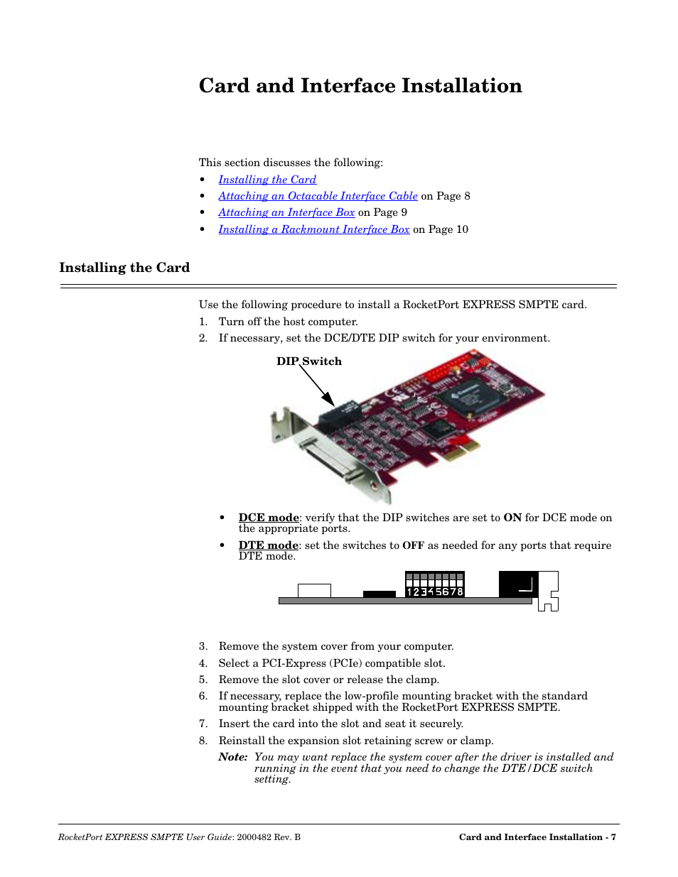 Card and interface installation, Installing the card | Comtrol RocketPort EXPRESS SMPTE User Manual | Page 7 / 28