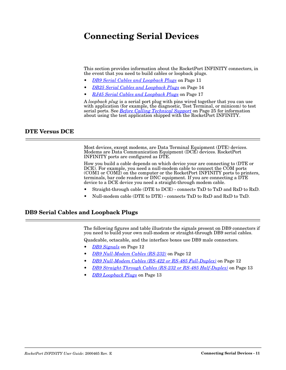 Connecting serial devices, Dte versus dce, Db9 serial cables and loopback plugs | Connecting serial, Devices | Comtrol RocketPort INFINITY User Manual | Page 11 / 32