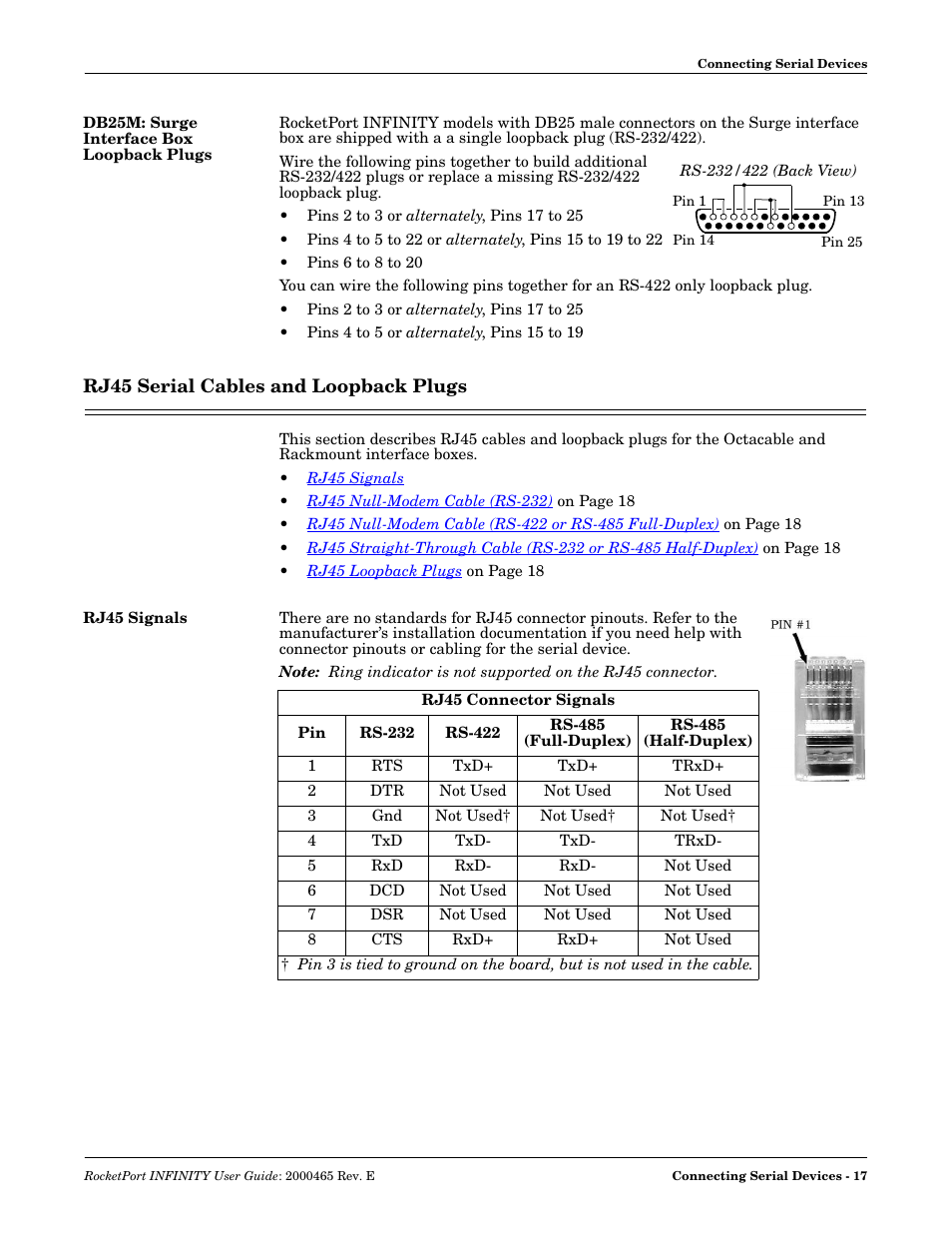 Db25m: surge interface box loopback plugs, Rj45 serial cables and loopback plugs, Rj45 signals | Comtrol RocketPort INFINITY User Manual | Page 17 / 32