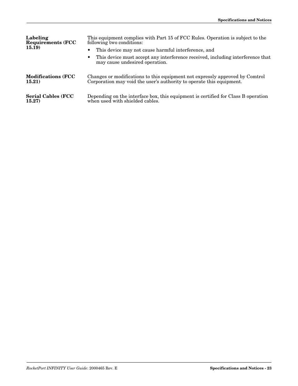 Labeling requirements (fcc 15.19), Modifications (fcc 15.21), Serial cables (fcc 15.27) | Comtrol RocketPort INFINITY User Manual | Page 23 / 32