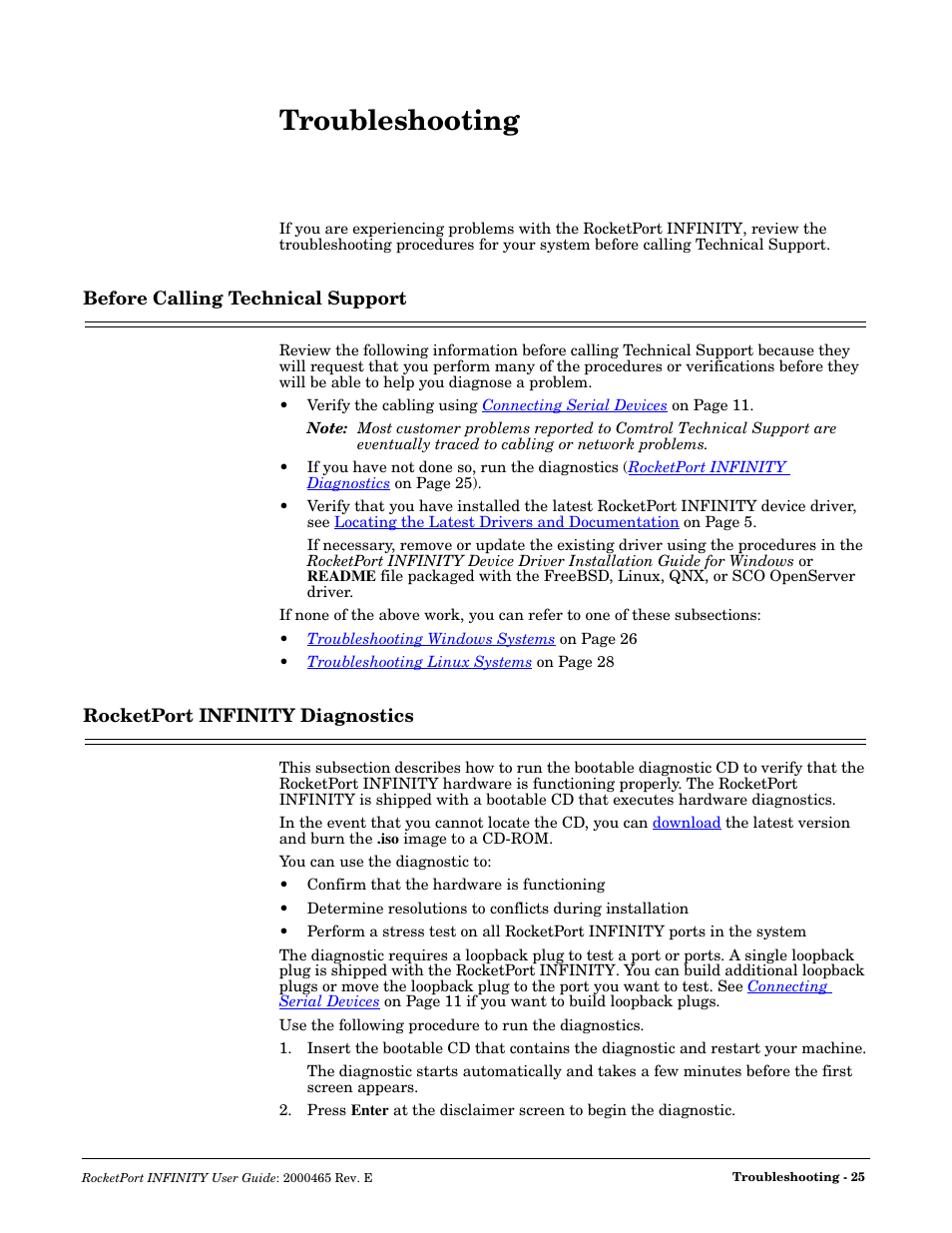 Troubleshooting, Before calling technical support, Rocketport infinity diagnostics | Comtrol RocketPort INFINITY User Manual | Page 25 / 32