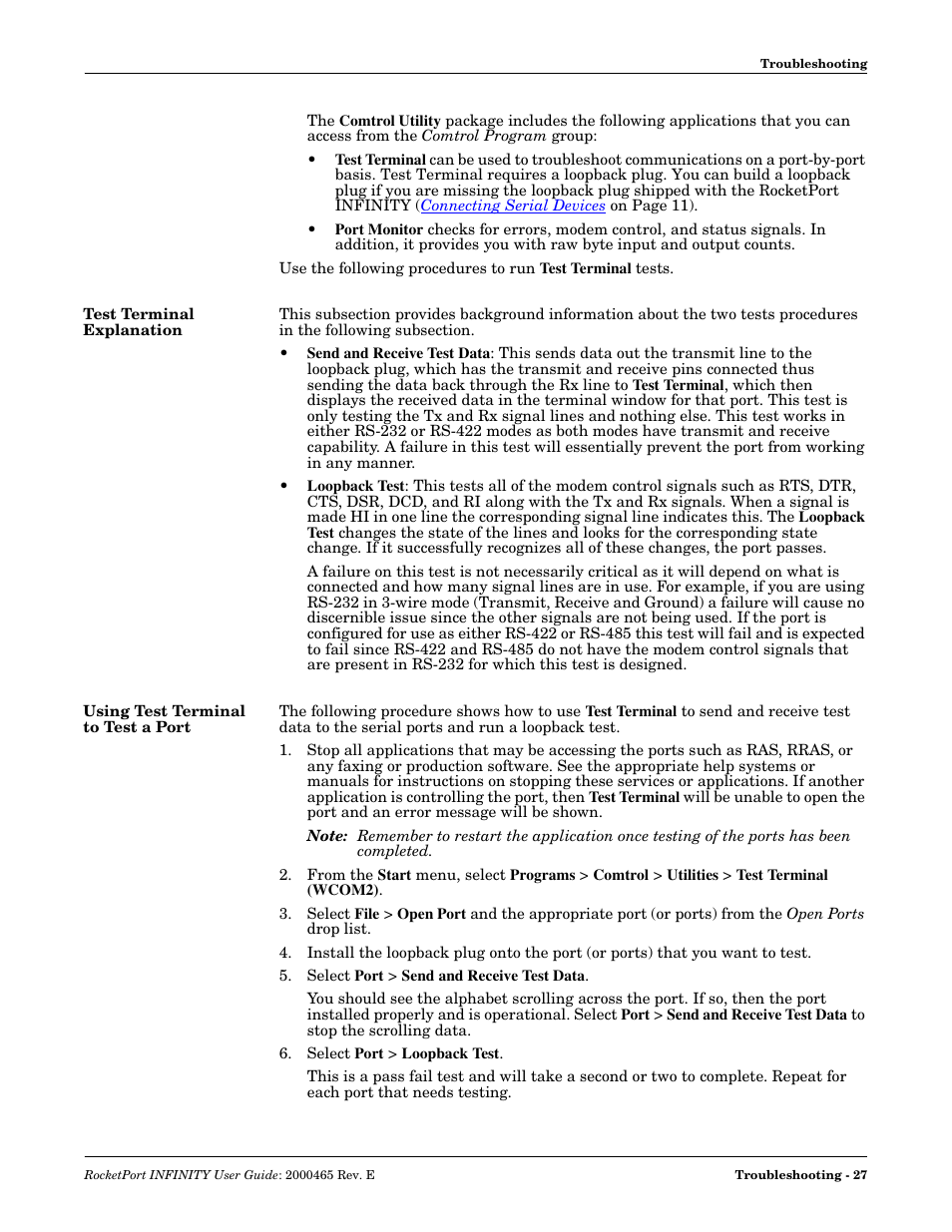 Test terminal explanation, Using test terminal to test a port | Comtrol RocketPort INFINITY User Manual | Page 27 / 32