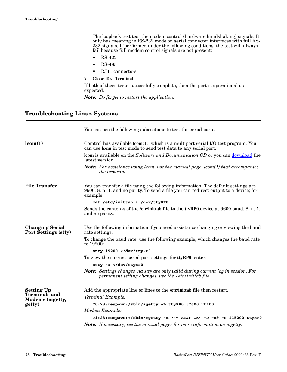 Troubleshooting linux systems, Lcom(1), File transfer | Changing serial port settings (stty), Setting up terminals and modems (mgetty, getty) | Comtrol RocketPort INFINITY User Manual | Page 28 / 32