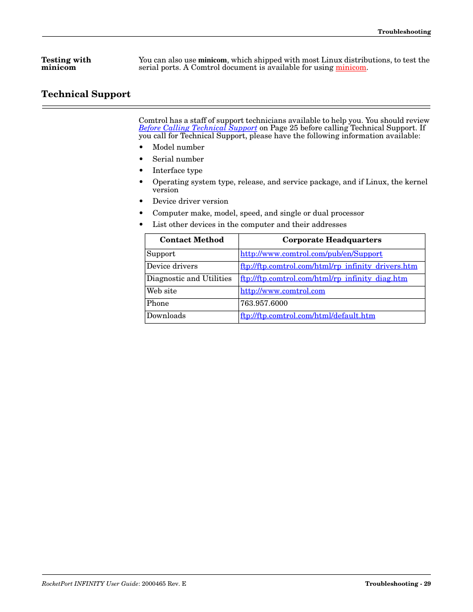 Testing with minicom, Technical support | Comtrol RocketPort INFINITY User Manual | Page 29 / 32