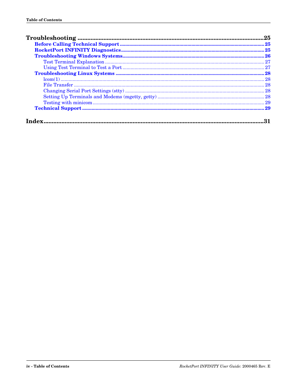 Troubleshooting, Index | Comtrol RocketPort INFINITY User Manual | Page 4 / 32