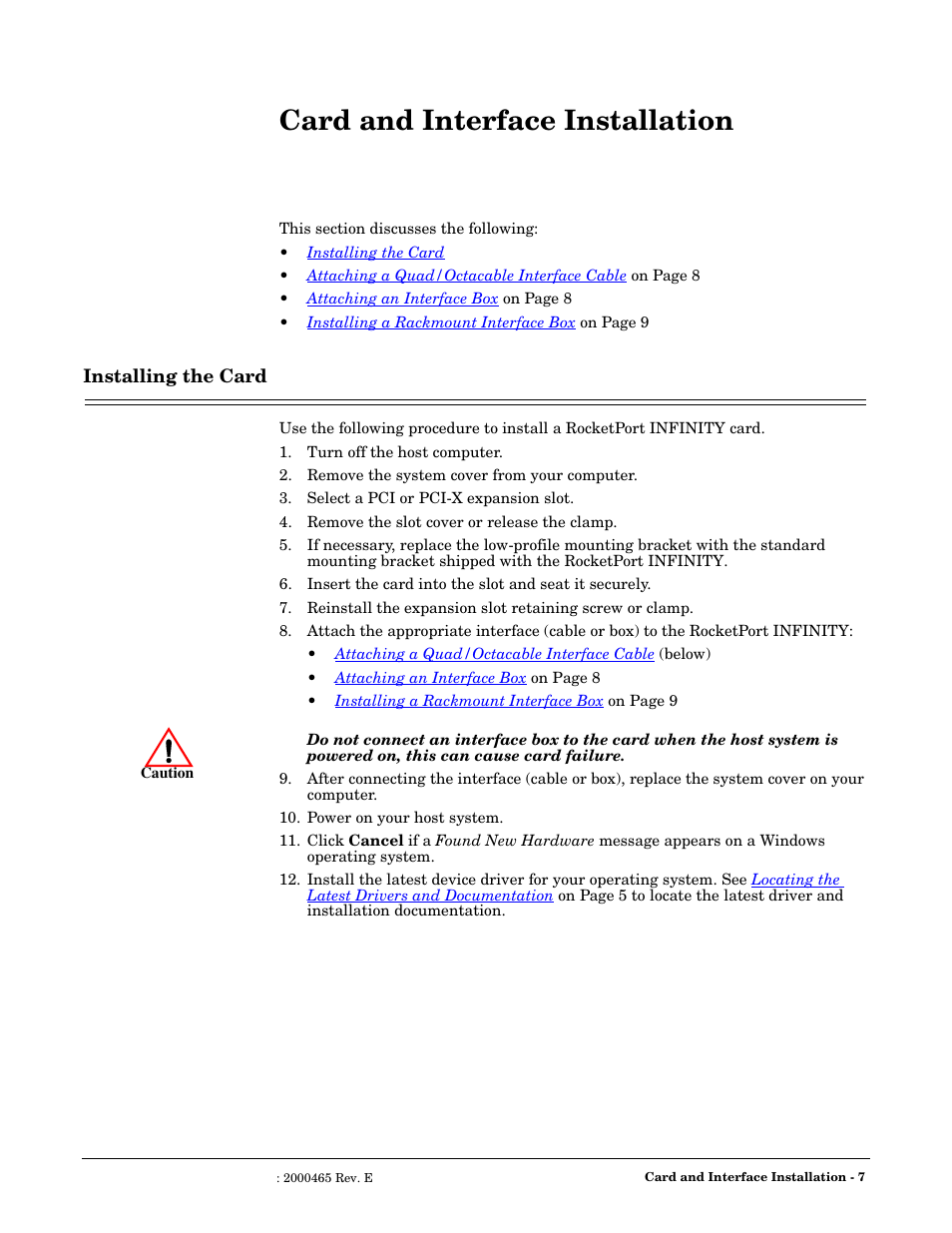Card and interface installation, Installing the card | Comtrol RocketPort INFINITY User Manual | Page 7 / 32