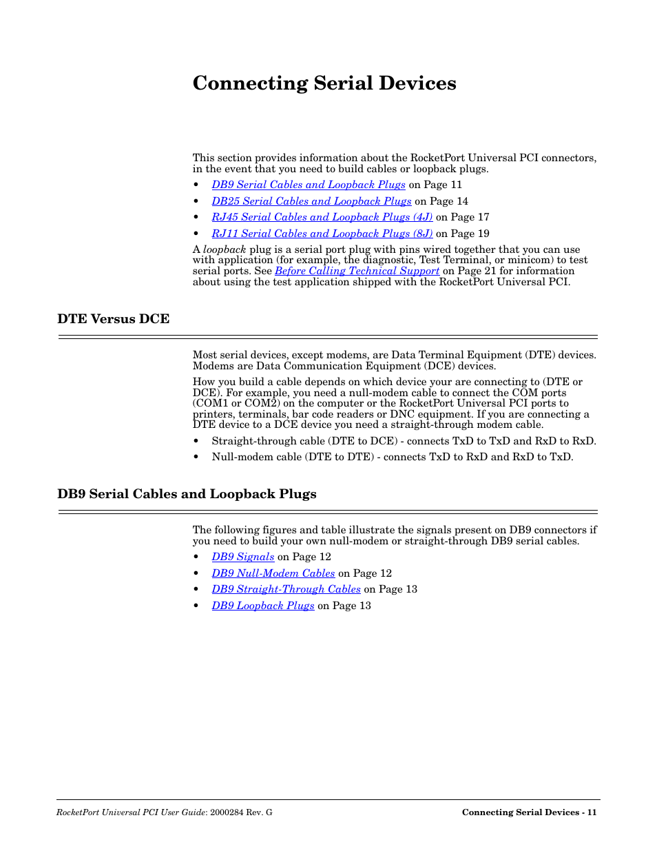 Connecting serial devices, Dte versus dce, Db9 serial cables and loopback plugs | Refer to | Comtrol RocketPort Universal PCI User Manual | Page 11 / 32