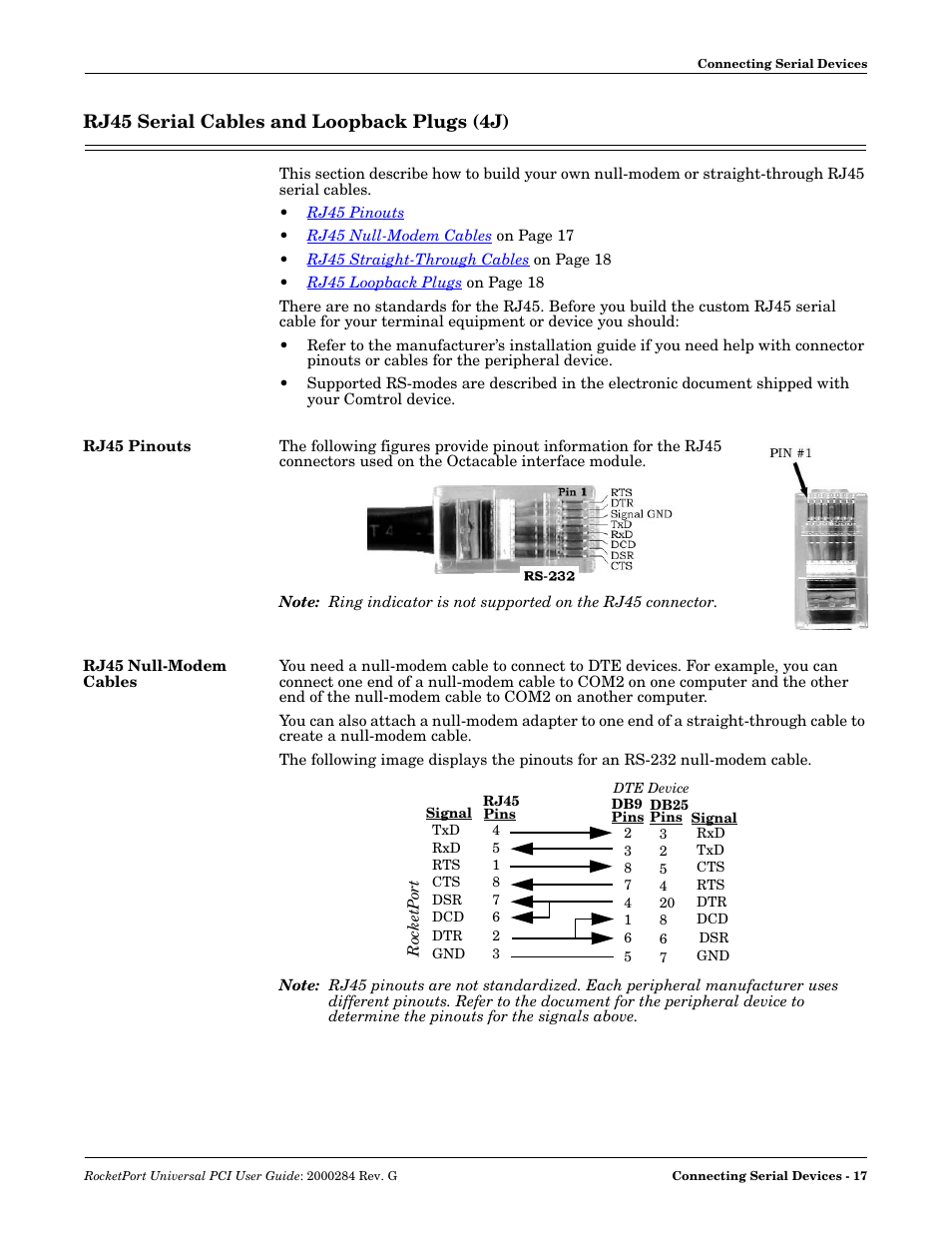 Rj45 serial cables and loopback plugs (4j), Rj45 pinouts, Rj45 null-modem cables | Rj45 pinouts rj45 null-modem cables | Comtrol RocketPort Universal PCI User Manual | Page 17 / 32