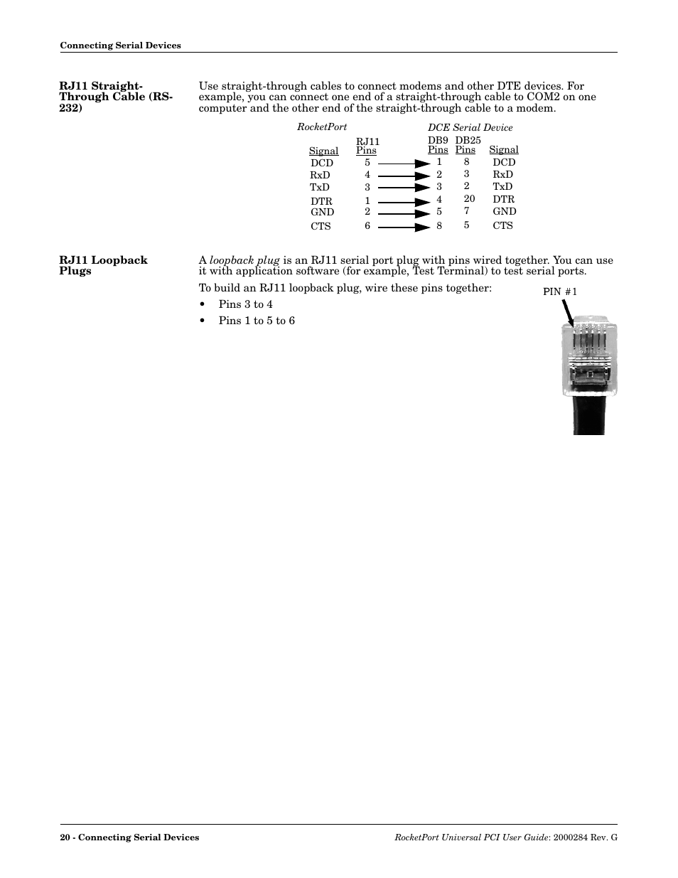 Rj11 straight- through cable (rs- 232), Rj11 loopback plugs | Comtrol RocketPort Universal PCI User Manual | Page 20 / 32