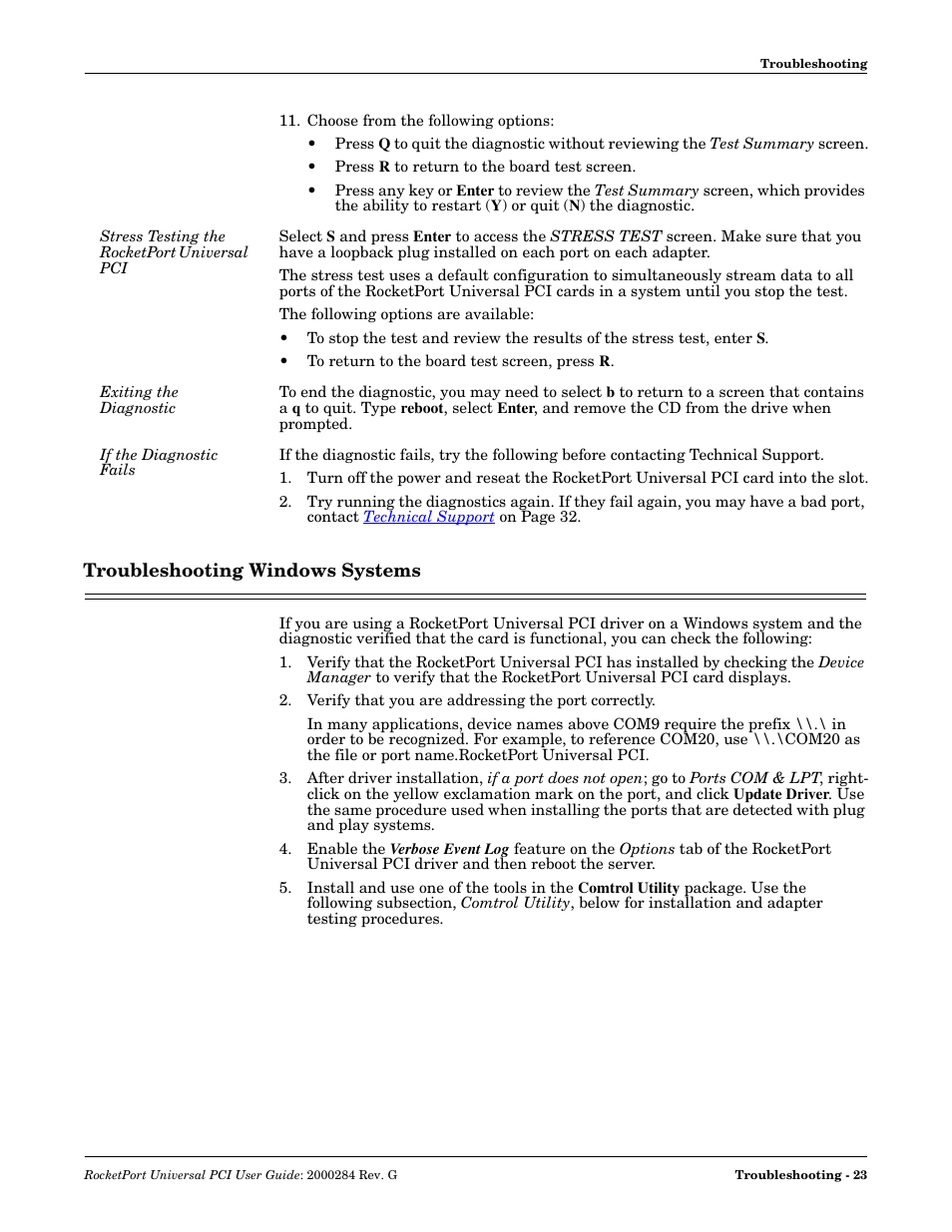 Stress testing the rocketport universal pci, Exiting the diagnostic, If the diagnostic fails | Troubleshooting windows systems | Comtrol RocketPort Universal PCI User Manual | Page 23 / 32