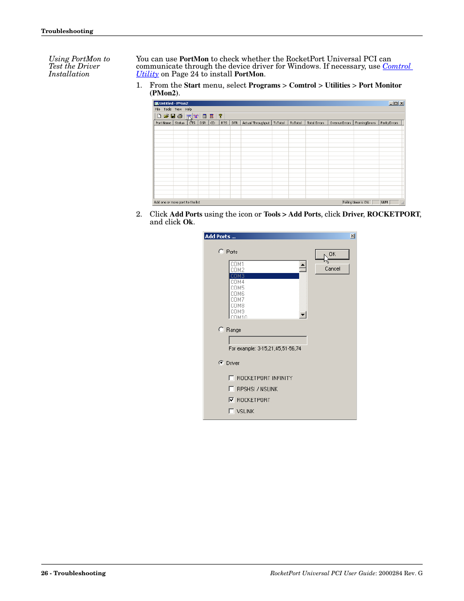 Using portmon to test the driver installation | Comtrol RocketPort Universal PCI User Manual | Page 26 / 32