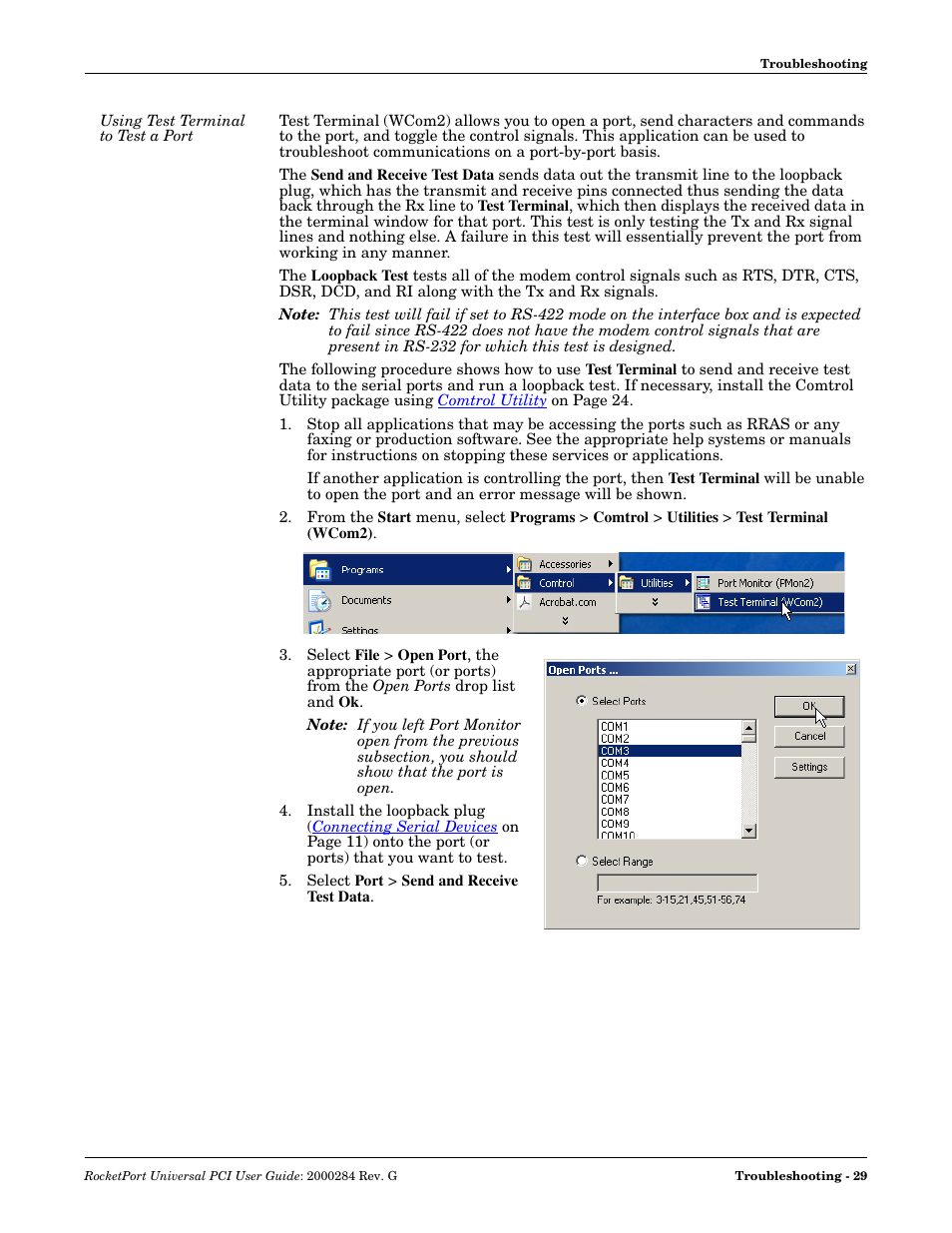 Using test terminal to test a port, By-port basis | Comtrol RocketPort Universal PCI User Manual | Page 29 / 32