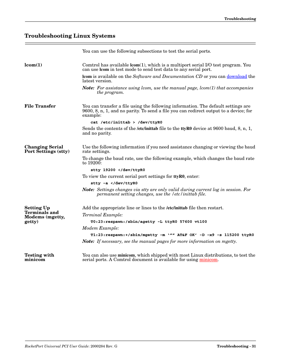 Troubleshooting linux systems, Lcom(1), File transfer | Changing serial port settings (stty), Setting up terminals and modems (mgetty, getty), Testing with minicom | Comtrol RocketPort Universal PCI User Manual | Page 31 / 32