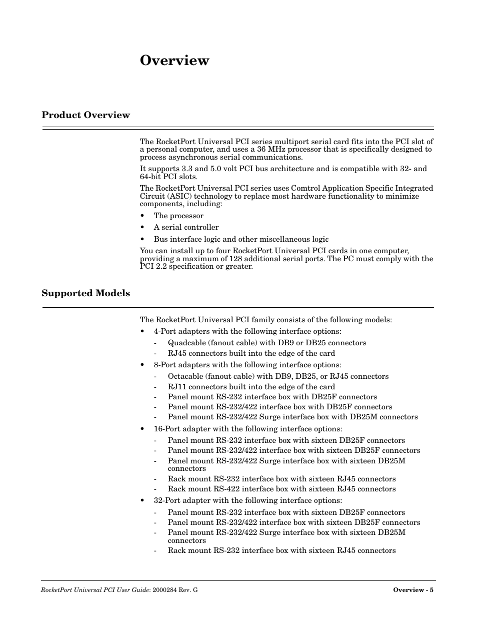 Overview, Product overview, Supported models | Product overview supported models | Comtrol RocketPort Universal PCI User Manual | Page 5 / 32