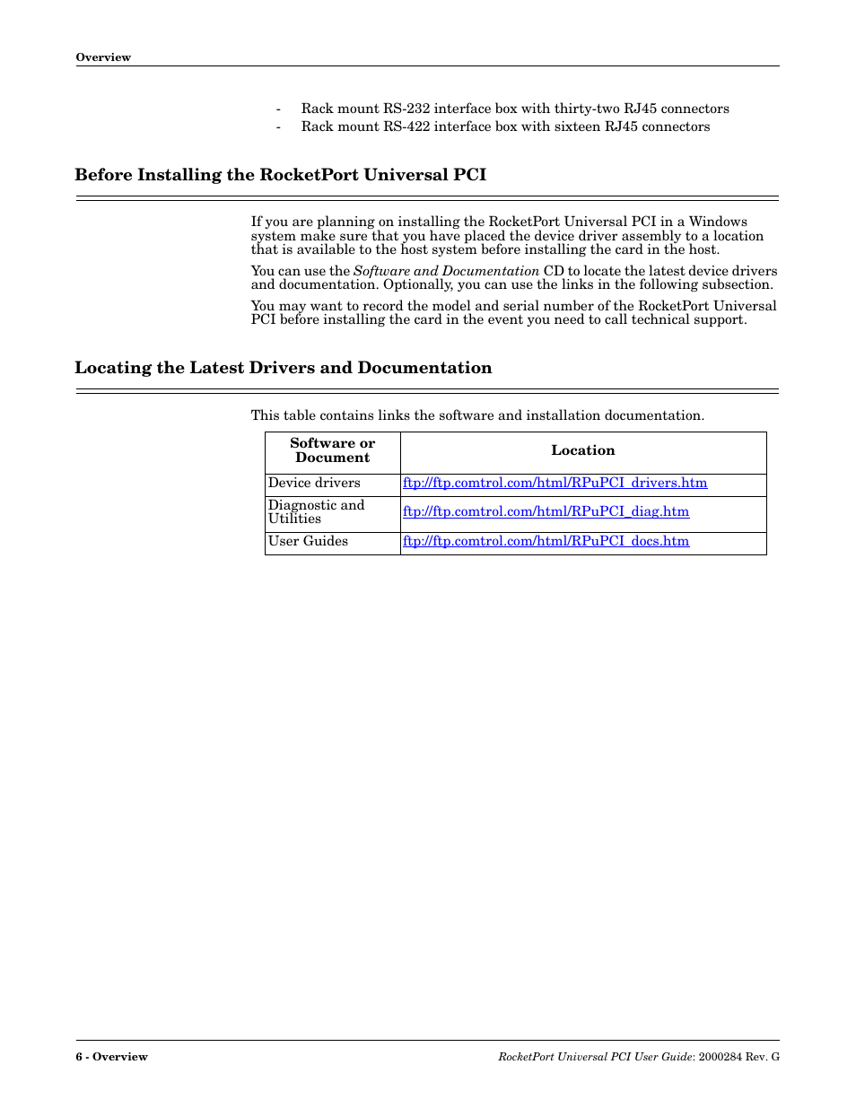 Before installing the rocketport universal pci, Locating the latest drivers and documentation | Comtrol RocketPort Universal PCI User Manual | Page 6 / 32