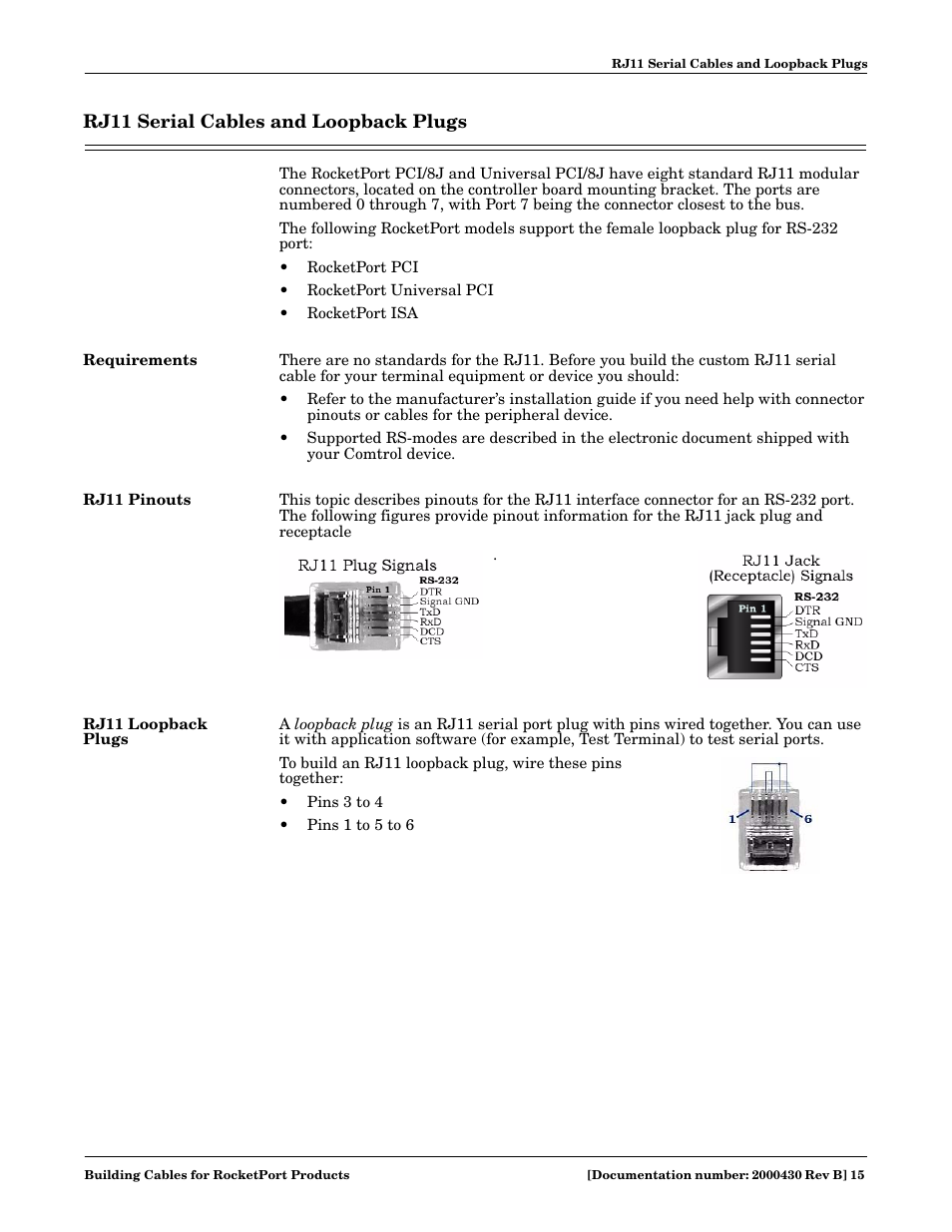 Rj11 serial cables and loopback plugs, Requirements, Rj11 pinouts | Rj11 loopback plugs, Requirements rj11 pinouts rj11 loopback plugs | Comtrol Cable User Manual | Page 15 / 38