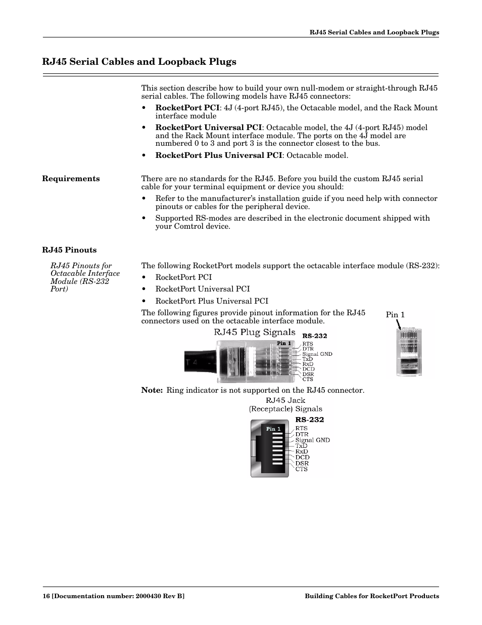 Rj45 serial cables and loopback plugs, Requirements, Rj45 pinouts | Requirements rj45 pinouts | Comtrol Cable User Manual | Page 16 / 38