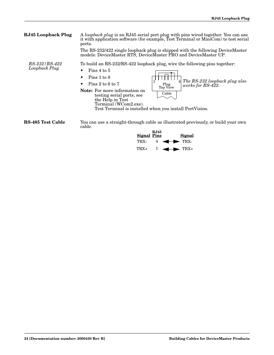 Rj45 loopback plug, Rs-232/rs-422 loopback plug, Rs-485 test cable | Comtrol Cable User Manual | Page 24 / 38