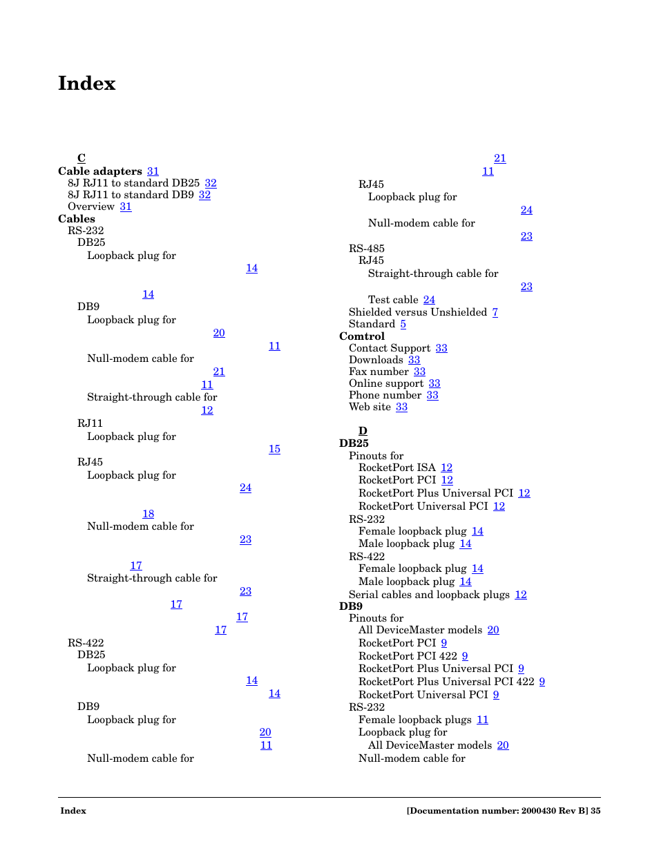 Index | Comtrol Cable User Manual | Page 35 / 38