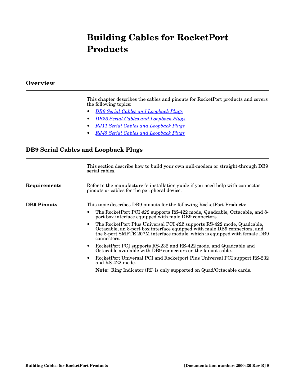 Building cables for rocketport products, Overview, Db9 serial cables and loopback plugs | Requirements, Db9 pinouts, Overview db9 serial cables and loopback plugs, Requirements db9 pinouts | Comtrol Cable User Manual | Page 9 / 38