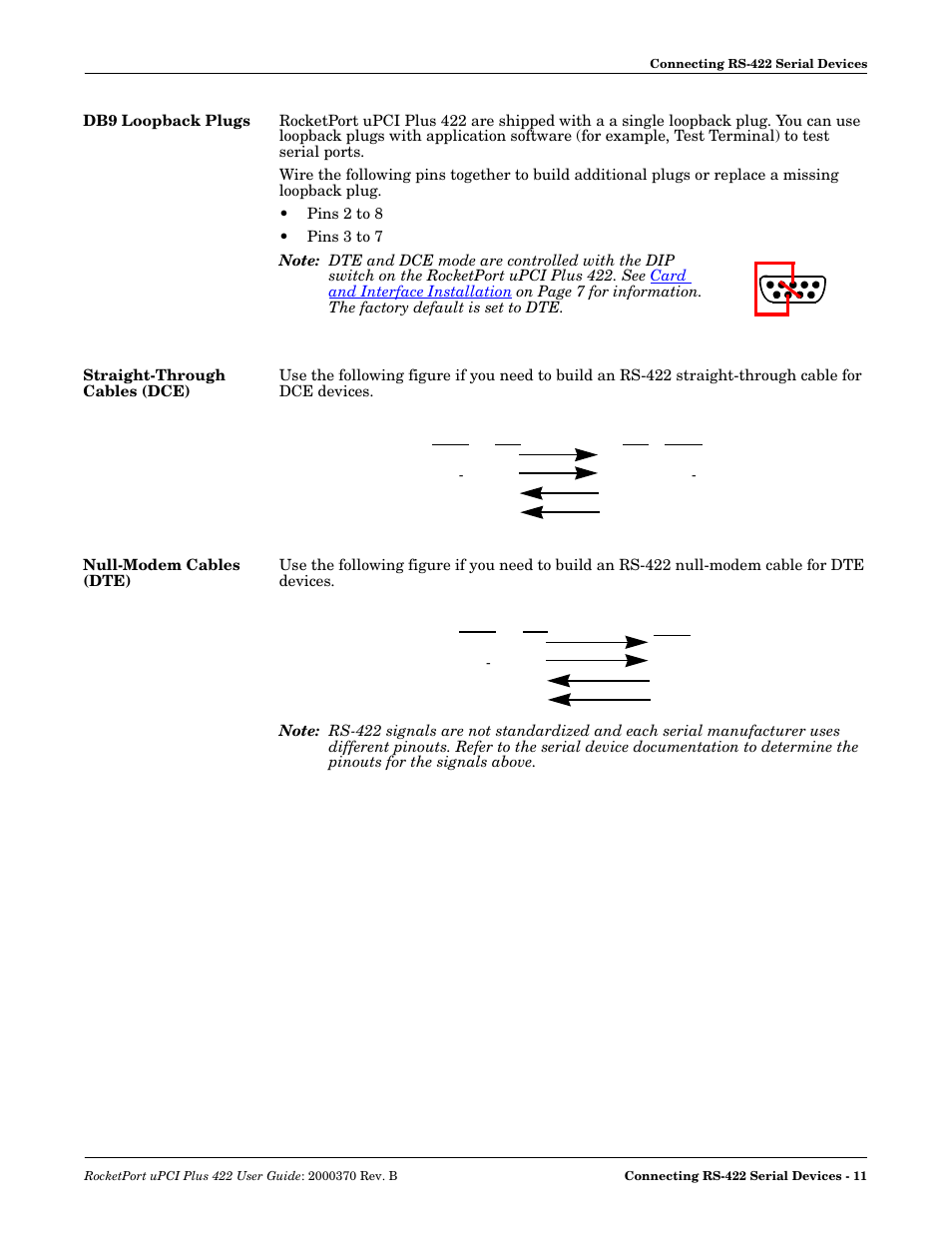 Db9 loopback plugs, Straight-through cables (dce), Null-modem cables (dte) | Comtrol RocketPort Plus 422 Universal PCI User Manual | Page 11 / 26